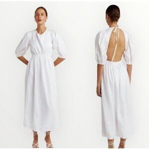 DISSH Claudia Puff Sleeve Open Back Linen Midi Dress